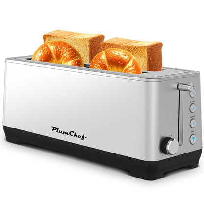 Stainless steel PlumChef 4-Slice Toaster with Wide Slots, toasting bread and bagels with smart control buttons and sleek modern design.
