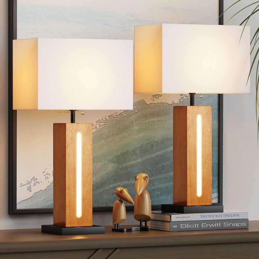 Table Lamps Set Of 2, Modern Dimmable Bedside Lamp With LED Nightlight, Rustic Farmhouse Square Wood Grain Nightstand Lamps With Linen Shades For Living Room Bedroom End Table
