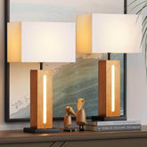 Table Lamps Set Of 2, Modern Dimmable Bedside Lamp With LED Nightlight, Rustic Farmhouse Square Wood Grain Nightstand Lamps With Linen Shades For Living Room Bedroom End Table