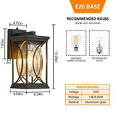 Outdoor wall sconce light fixture with black metal frame, textured amber glass, and dimension labels showing 13.78in height, 7.