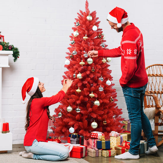 5FT Red Christmas Tree – Pure Red PVC Tree with 624 Tips, Hinged Branches for Easy Setup, Stable Metal Stand, Bold Holiday Decoration