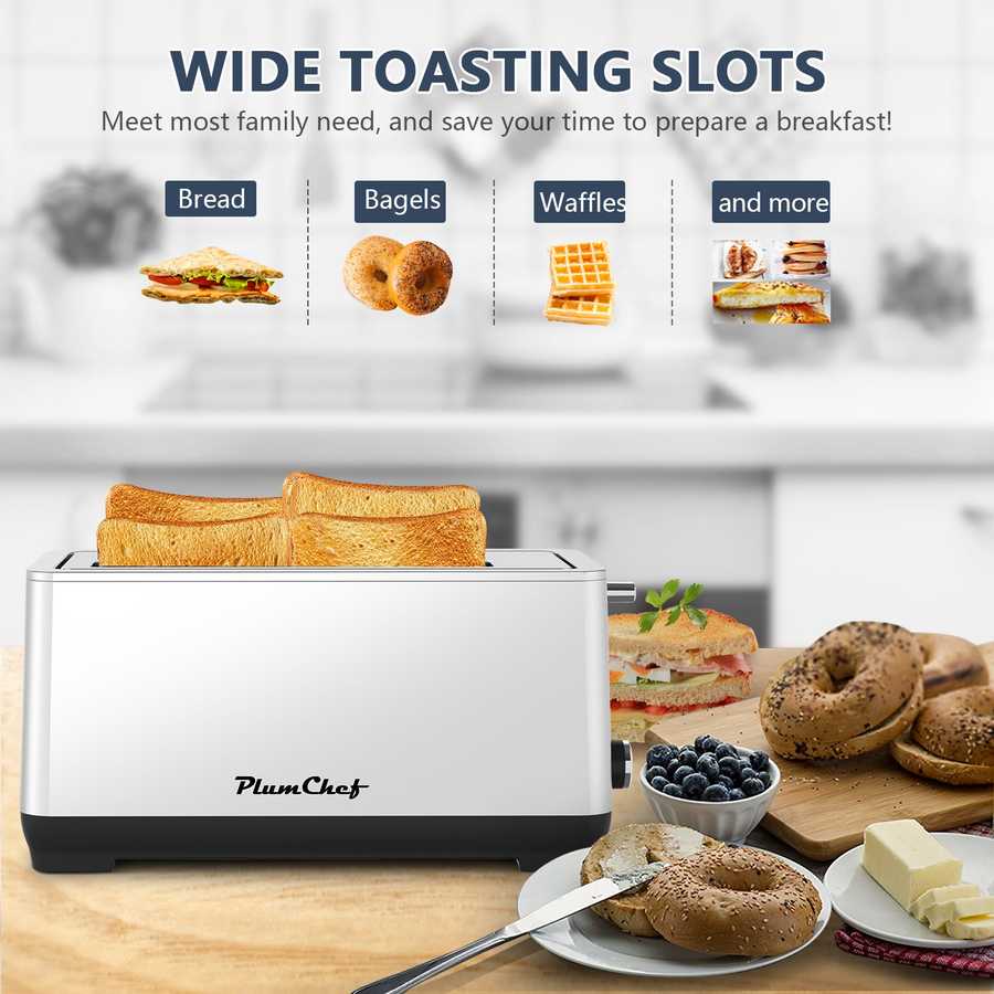 4-Slice Toaster with Wide Slots - PlumChef toaster fits bread, bagels, waffles, and more, perfect for family breakfast needs in modern kitchens.