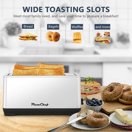 4-Slice Toaster with Wide Slots - PlumChef toaster fits bread, bagels, waffles, and more, perfect for family breakfast needs in modern kitchens.