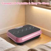 Pink and black vibration plate on a wooden floor with text &