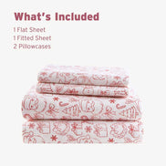 Holiday Doodles - Twin XL Cotton Flannel Sheet Set includes 1 flat sheet, 1 fitted sheet, and 2 pillowcases with red holiday-themed prints.