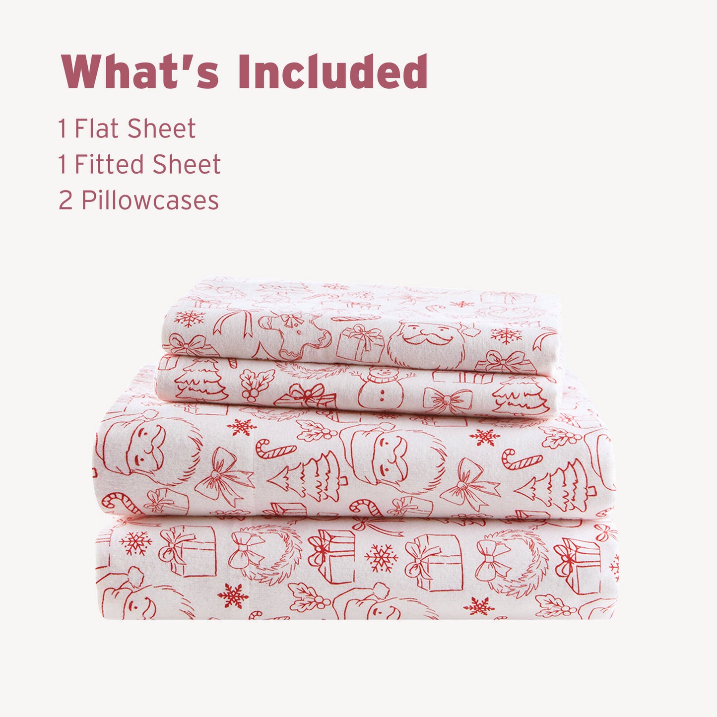 Holiday Doodles - Twin XL Cotton Flannel Sheet Set includes 1 flat sheet, 1 fitted sheet, and 2 pillowcases with red holiday-themed prints.