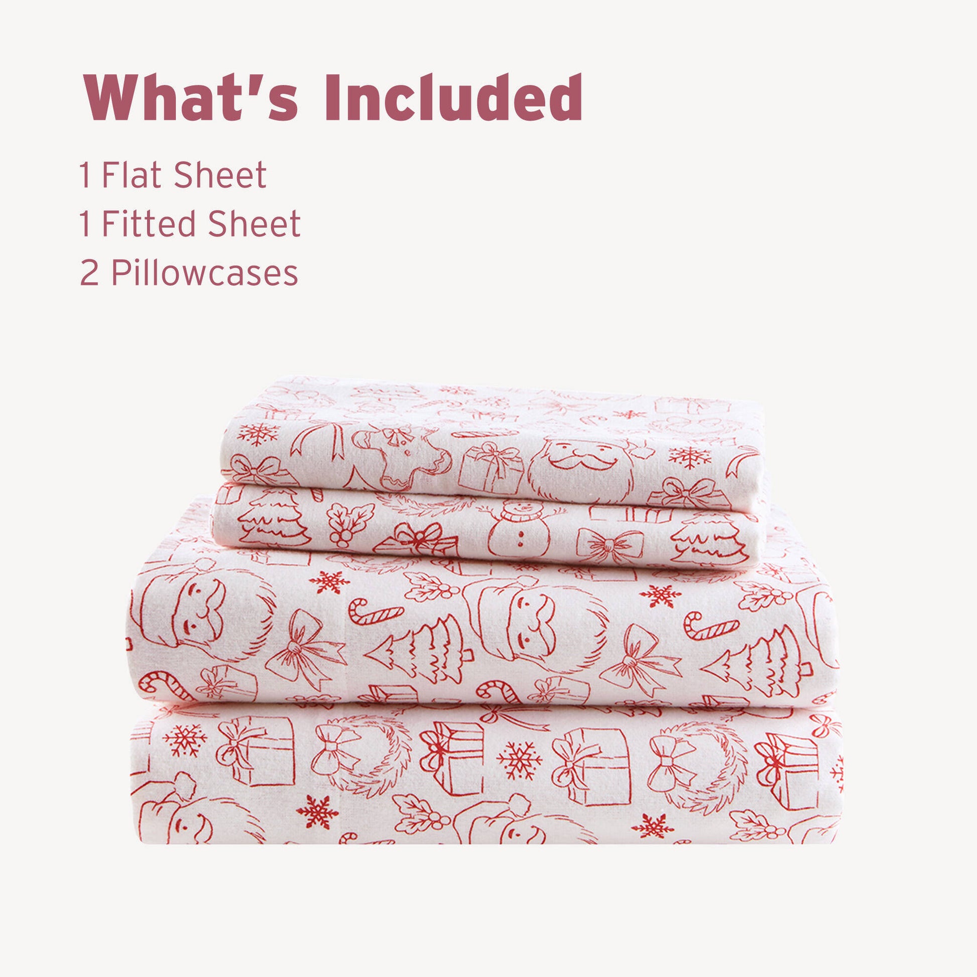 Holiday Doodles - Twin XL Cotton Flannel Sheet Set includes 1 flat sheet, 1 fitted sheet, and 2 pillowcases with red holiday-themed prints.