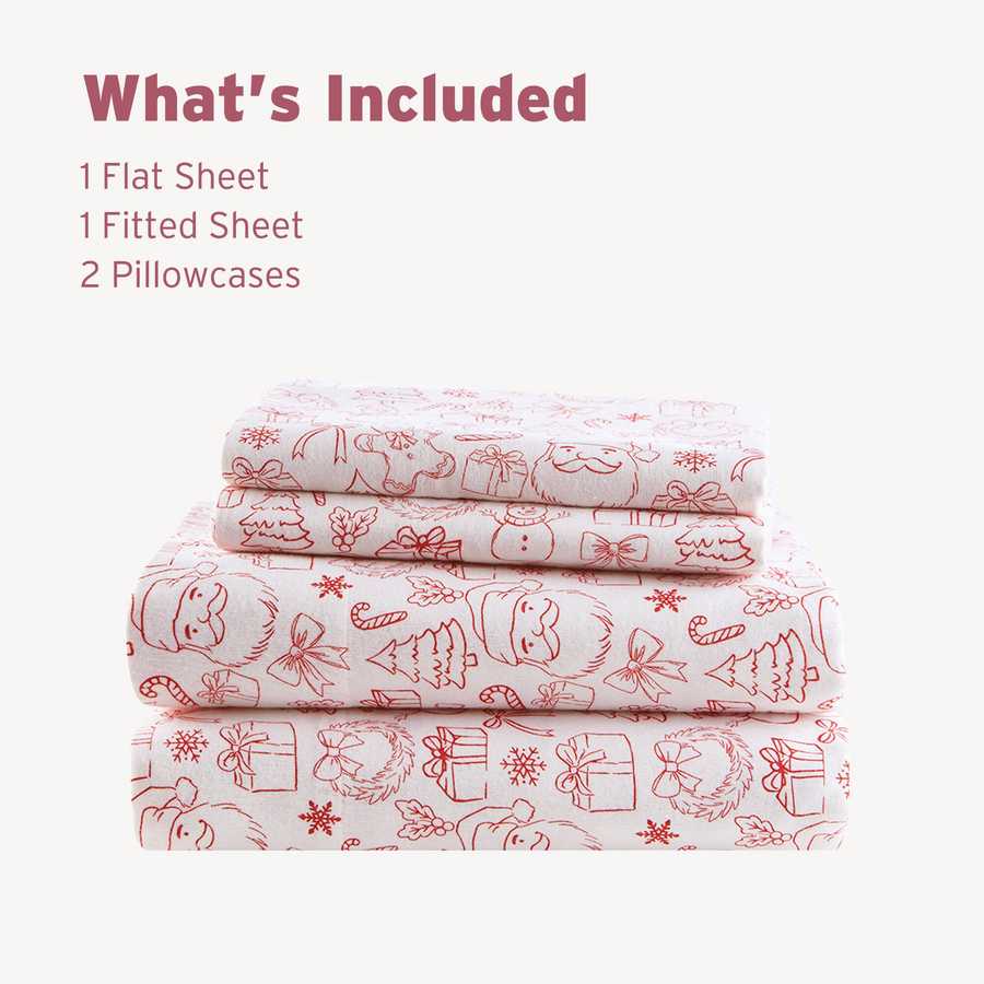 Holiday Doodles - Twin XL Cotton Flannel Sheet Set includes 1 flat sheet, 1 fitted sheet, and 2 pillowcases with red holiday-themed prints.