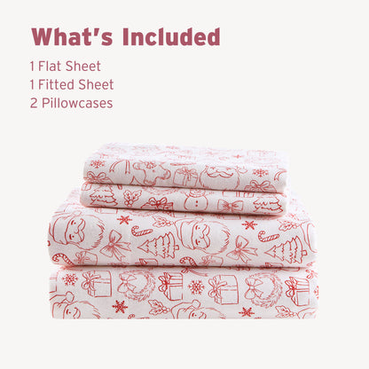 Holiday Doodles - Twin XL Cotton Flannel Sheet Set includes 1 flat sheet, 1 fitted sheet, and 2 pillowcases with red holiday-themed prints.
