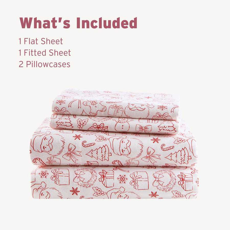 Holiday Doodles - Twin XL Cotton Flannel Sheet Set includes 1 flat sheet, 1 fitted sheet, and 2 pillowcases with red holiday-themed prints.