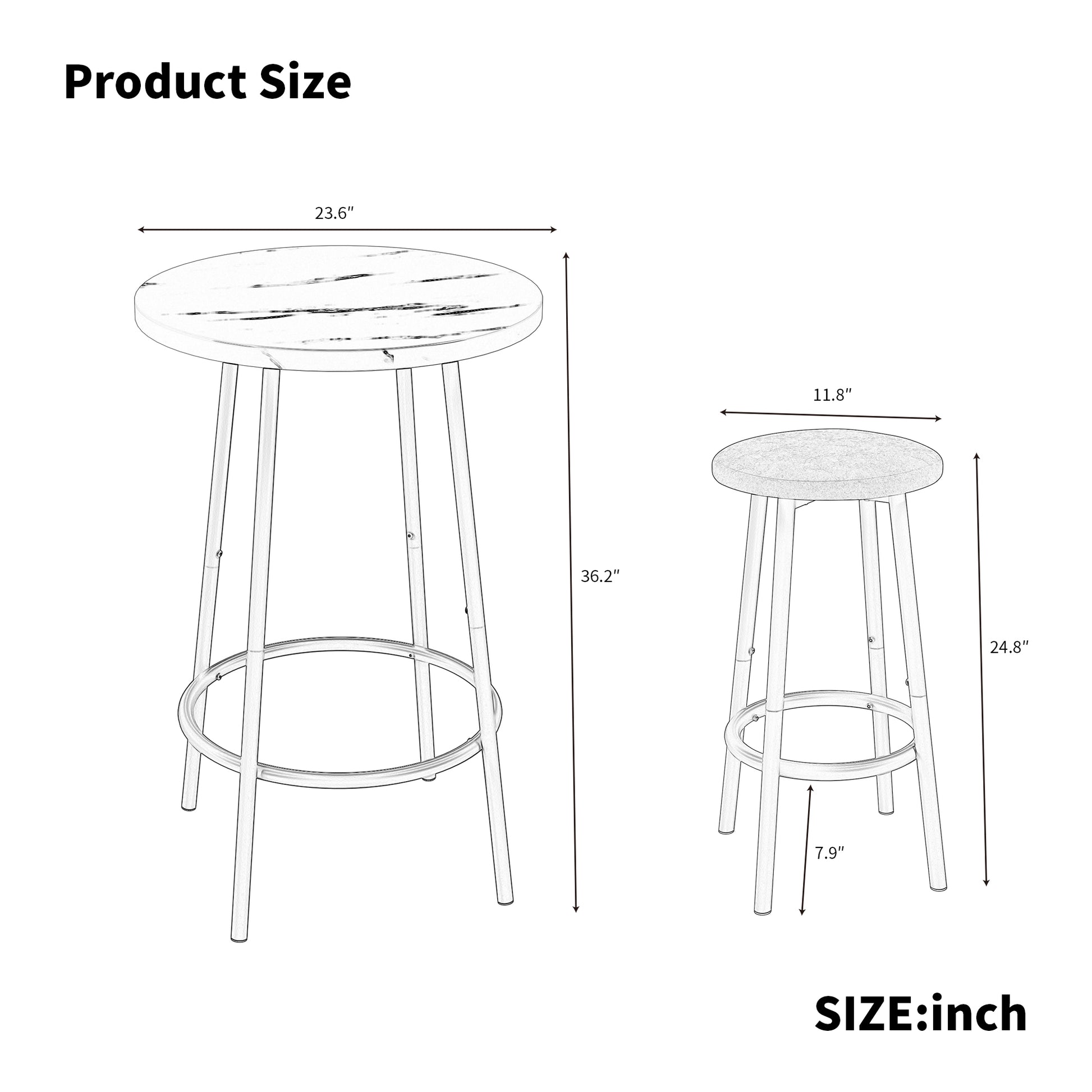 Dimension diagram of the 3-Piece Bar Table Set with 2 Stools, showing measurements for the round table and stools in inches for easy planning.