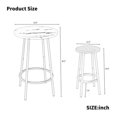 Dimension diagram of the 3-Piece Bar Table Set with 2 Stools, showing measurements for the round table and stools in inches for easy planning.