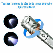 Zoomable LED flashlight with adjustable focus ring for wide or narrow beam. Perfect for outdoor use like hiking and camping.
