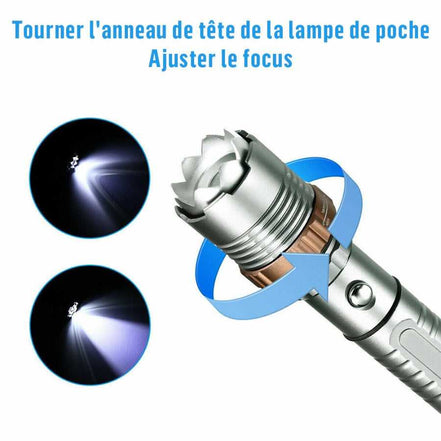 Zoomable LED flashlight with adjustable focus ring for wide or narrow beam. Perfect for outdoor use like hiking and camping.