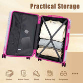 Pink suitcase interior with practical storage, including compartments for clothes, shoes, makeup, and accessories