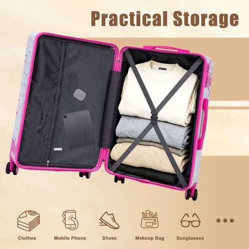 Pink suitcase interior with practical storage, including compartments for clothes, shoes, makeup, and accessories