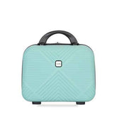 A mint green hard-shell suitcase with a black top handle and feet, featuring a textured chevron pattern and a small square logo plate on the front, set against a plain white background.