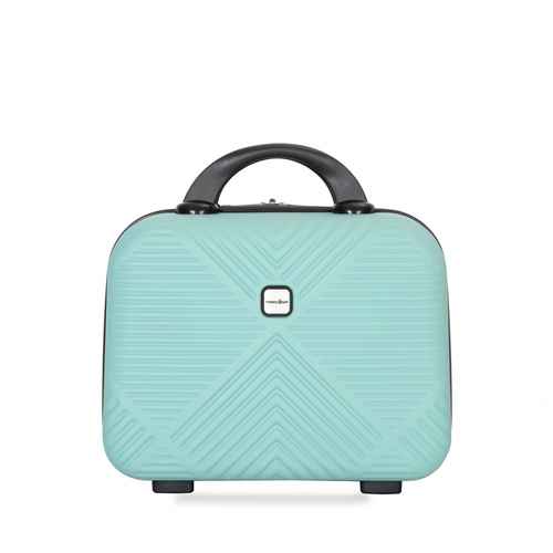 A mint green hard-shell suitcase with a black top handle and feet, featuring a textured chevron pattern and a small square logo plate on the front, set against a plain white background.
