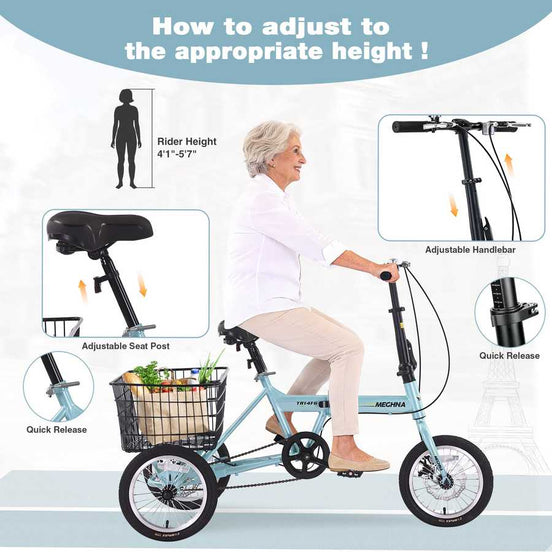 Folding adult tricycle, 14 Inch 3 Wheel Bikes for Adults with Basket