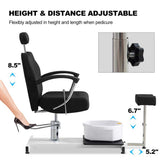 Black pedicure chair with adjustable height and distance features on a white background