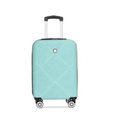 A light mint green hardside spinner suitcase with a textured geometric diamond pattern, featuring an extended telescopic handle and four multi-directional wheels, shown against a plain white background.