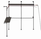 Black metal clothing rack with multiple adjustable pipes, supporting shelves and LED lighting, ideal for commercial storage