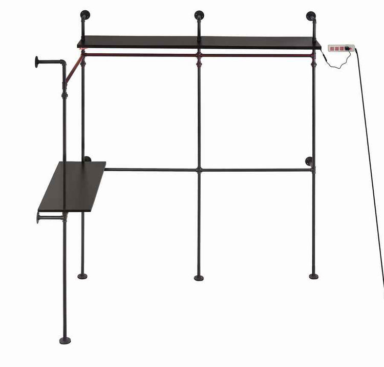 Black metal clothing rack with multiple adjustable pipes, supporting shelves and LED lighting, ideal for commercial storage