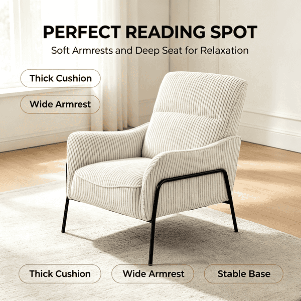 A light beige ribbed fabric armchair with a black metal frame, shown in a bright room with text callouts highlighting its thick cushion, wide armrest, and stable base.