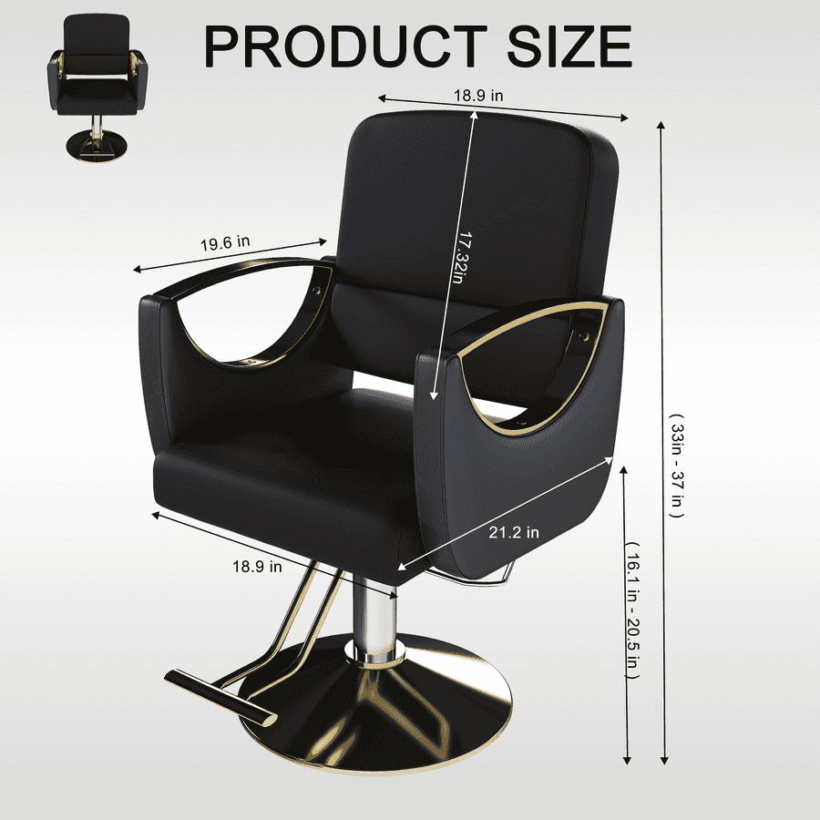 Black salon chair with gold accents and product size info