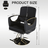 Black salon chair with gold accents and product size info