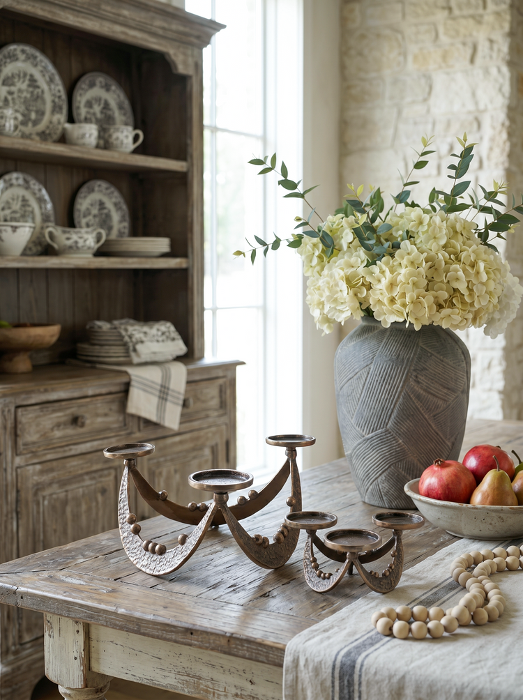 A rustic three-arm metal candle holder with three candle cups sits on a distressed wooden table in a styled dining room. The scene includes a large gray textured vase with pale yellow hydrangeas, a bowl of apples and pears, a wooden bead necklace, and a striped table runner.