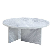 MDF white round coffee table with Nordic flair featuring a marble-look finish and cross-panel base, ideal for modern living rooms.