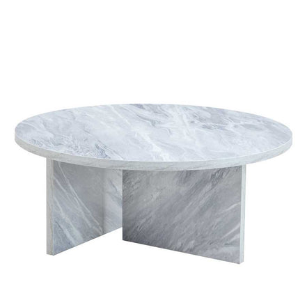 MDF white round coffee table with Nordic flair featuring a marble-look finish and cross-panel base, ideal for modern living rooms.