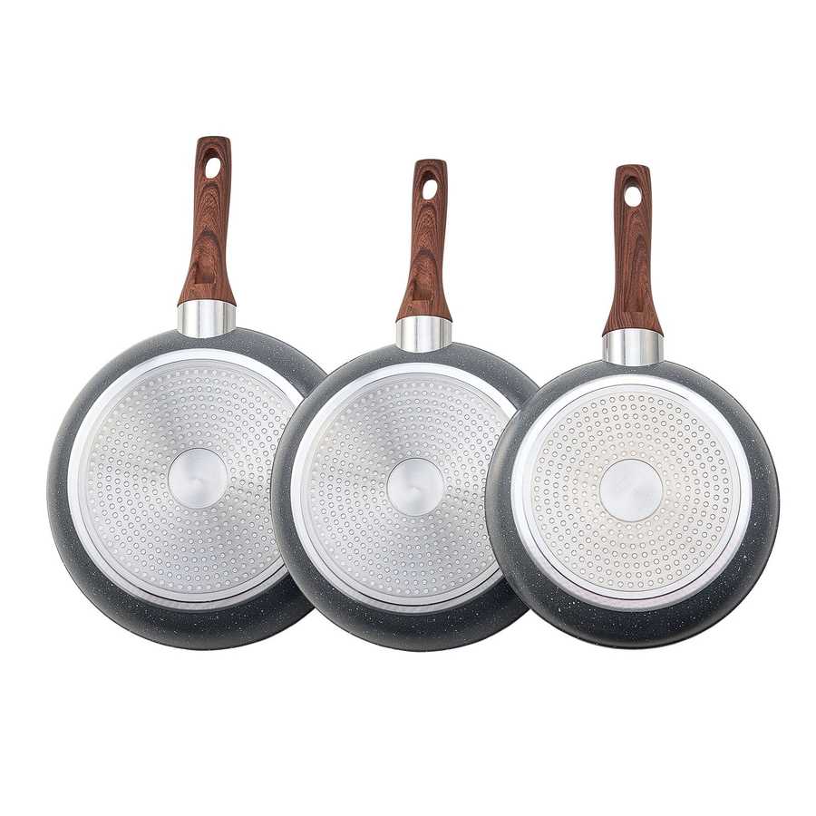 Bottom view of 3 piece aluminum skillet set showing SS430 starry base and wood-style handles.