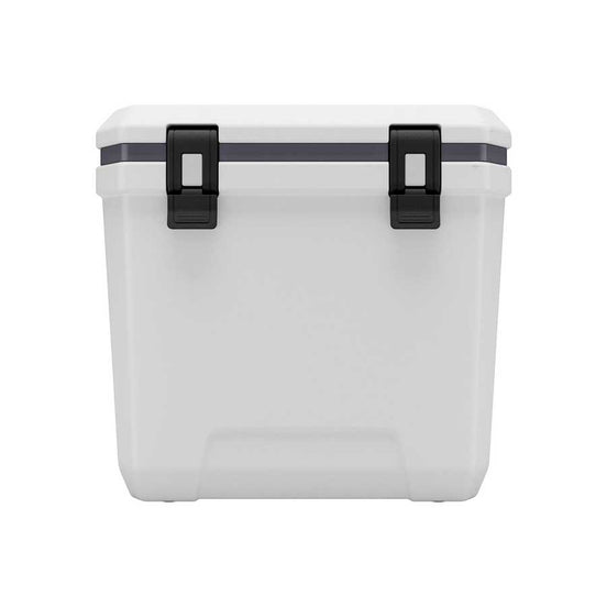White cooler box with black straps on a white background