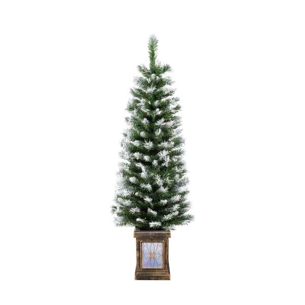 Artificial Christmas tree with snow effect in a decorative pot on a white background