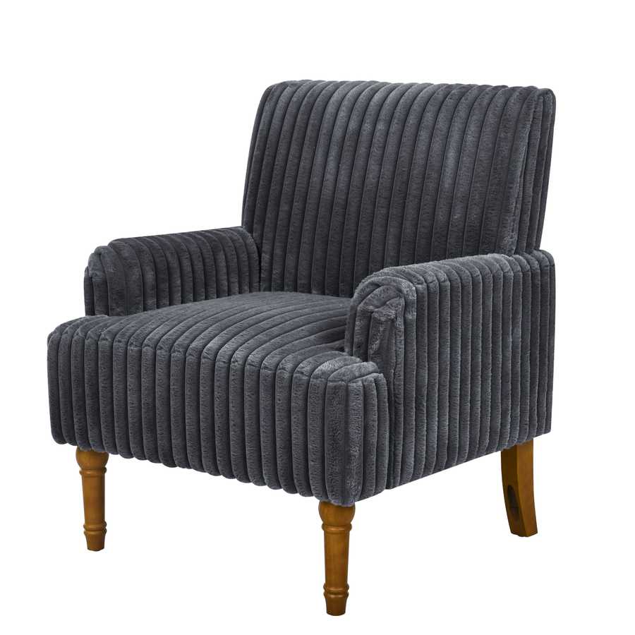 Gray ribbed armchair with wooden legs on a white background