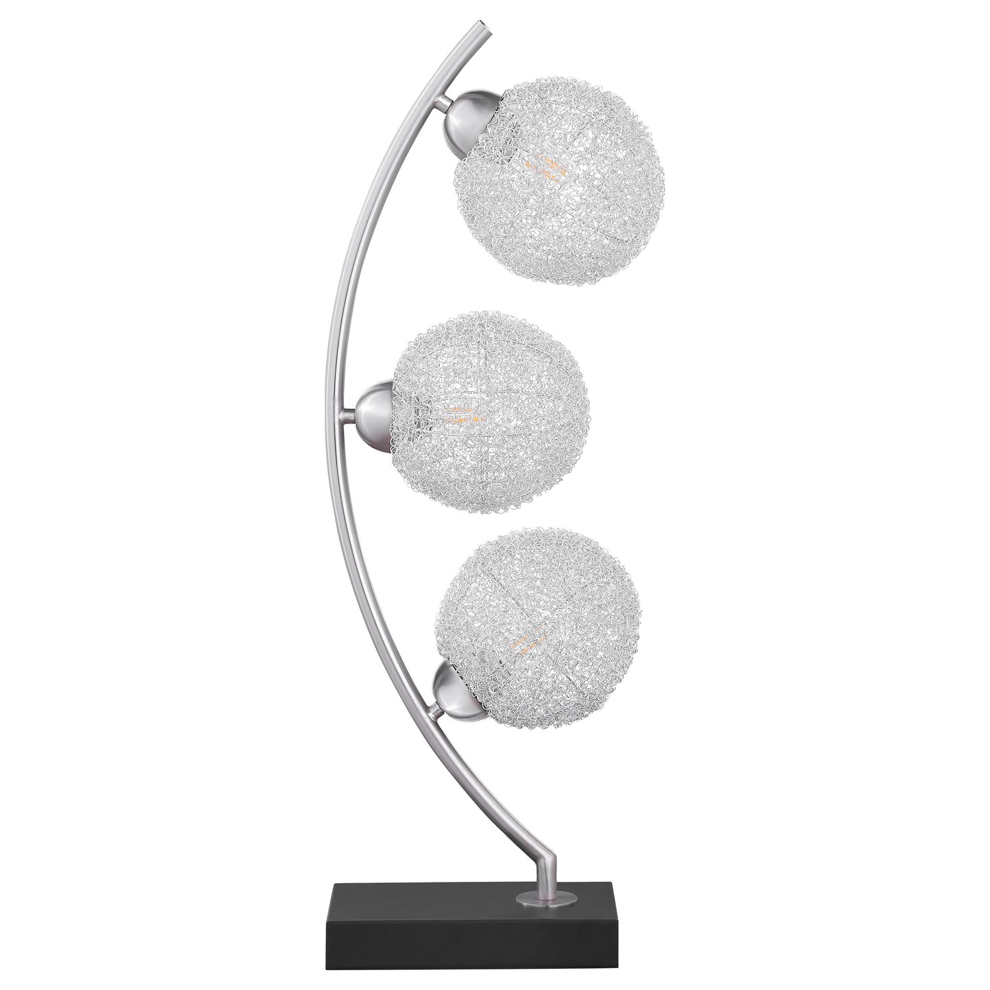 Black metal table lamp featuring three clear woven globes on a sleek arched silver stem with a sturdy black base, ideal for modern interiors