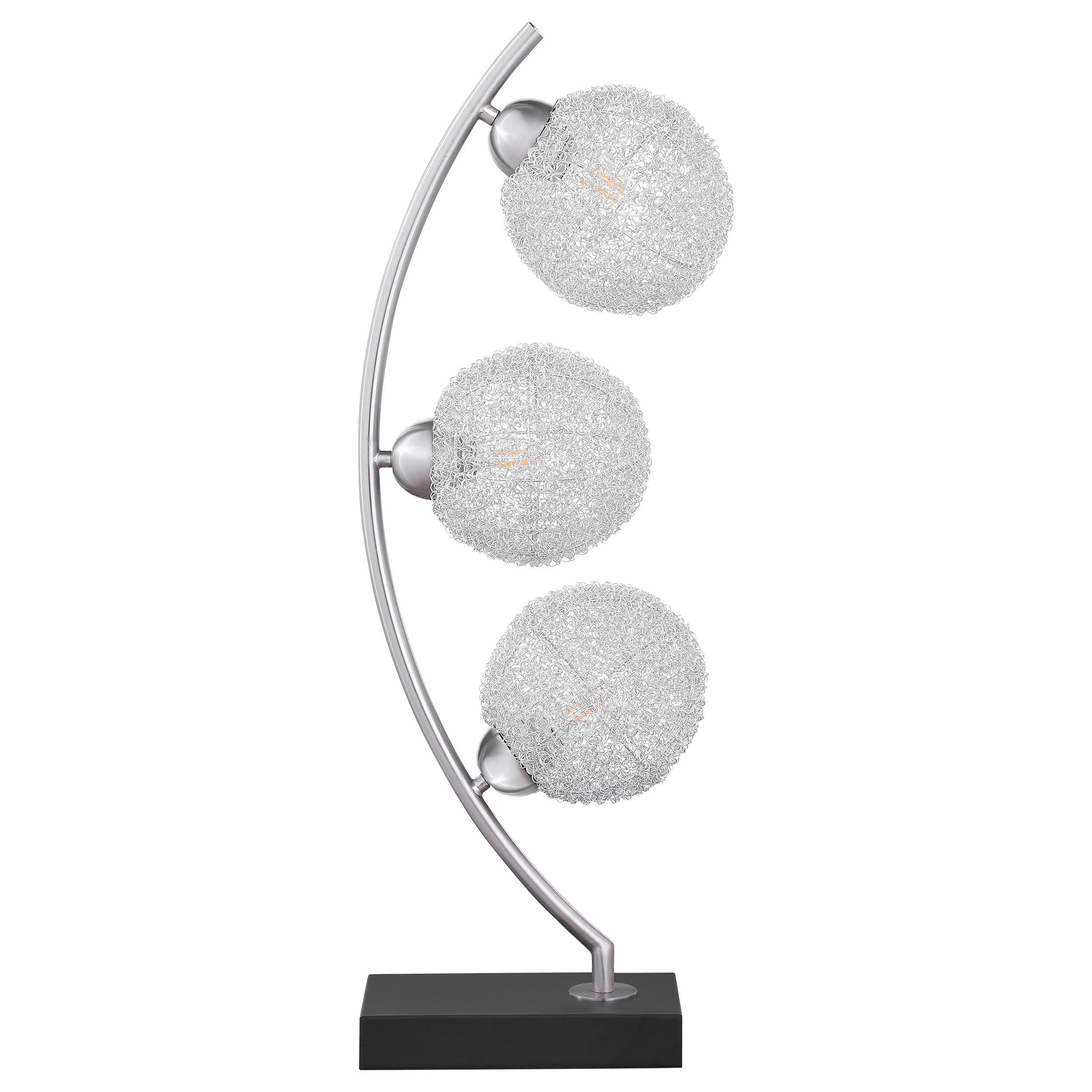 Black metal table lamp featuring three clear woven globes on a sleek arched silver stem with a sturdy black base, ideal for modern interiors