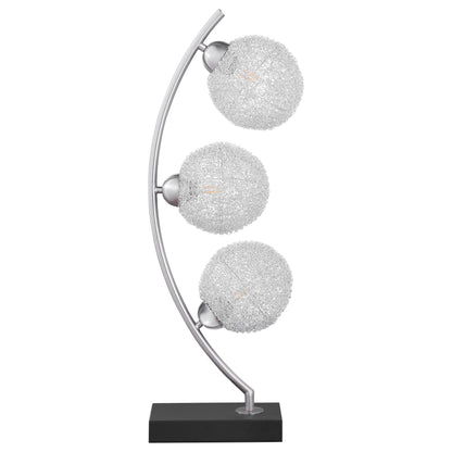 Black metal table lamp featuring three clear woven globes on a sleek arched silver stem with a sturdy black base, ideal for modern interiors