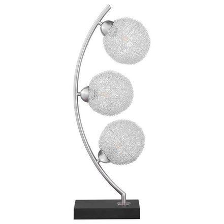Black metal table lamp featuring three clear woven globes on a sleek arched silver stem with a sturdy black base, ideal for modern interiors
