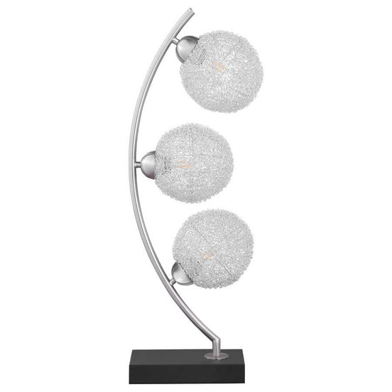 Black metal table lamp featuring three clear woven globes on a sleek arched silver stem with a sturdy black base, ideal for modern interiors