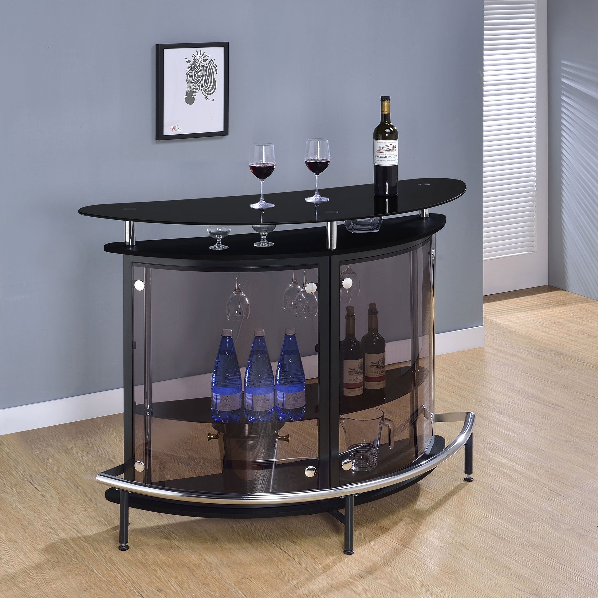 Black glass top home wine bar cabinet with curved design, wine storage shelves, and bottle display in a modern dining room setting.