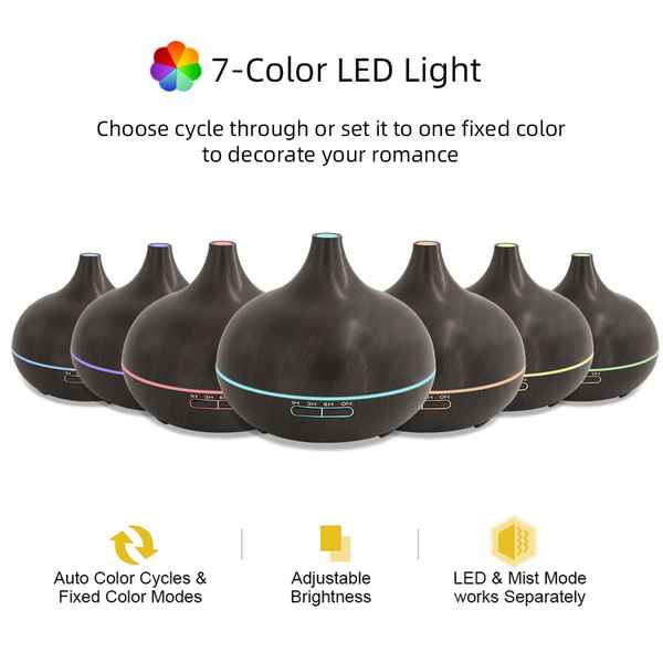 Set of black diffusers with 7-color LED lights on a white background