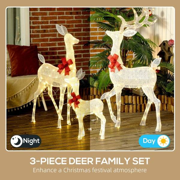 Outsunny 4.5ft 3-Piece Light Up Christmas Deer Family Set of 3, Lighted Reindeer Christmas Decorations with 2 LED Light Modes, Stakes, Zip Ties for Indoor, Outdoor, Yard, Lawn, Silver