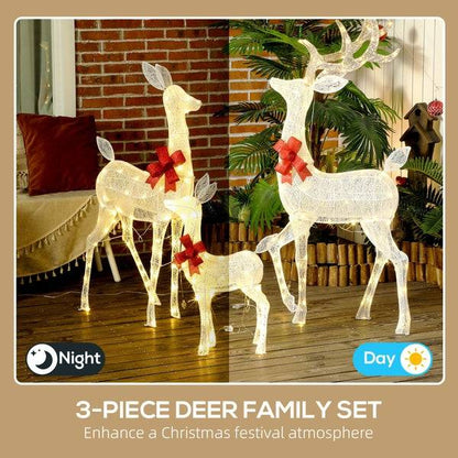 Outsunny 4.5ft 3-Piece Light Up Christmas Deer Family Set of 3, Lighted Reindeer Christmas Decorations with 2 LED Light Modes, Stakes, Zip Ties for Indoor, Outdoor, Yard, Lawn, Silver