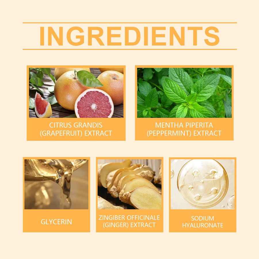 List of skincare product ingredients with corresponding images and names on a beige background.