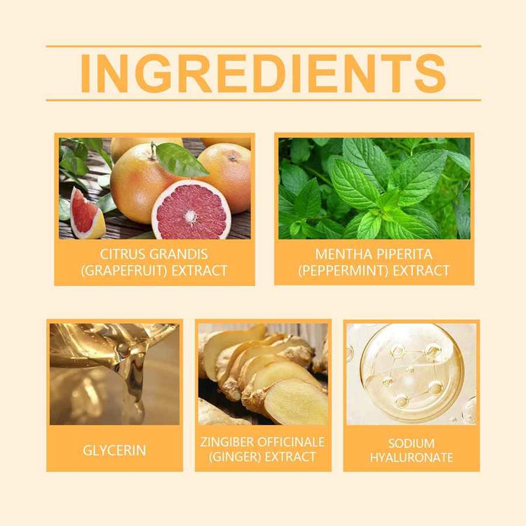 List of skincare product ingredients with corresponding images and names on a beige background.