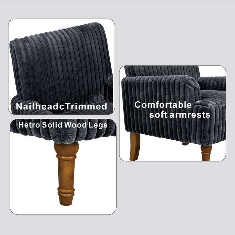 Gray upholstered chair with nailhead trim and wooden legs, shown from different angles.