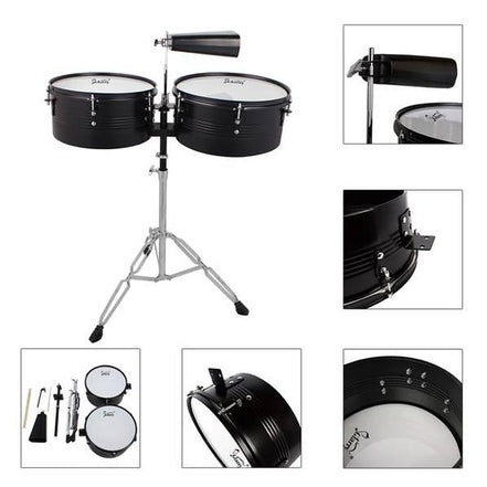 Percussion 13" & 14" Timbales Drum Set with Stand and Cowbell Black